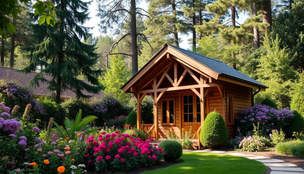Holzgartenhaus mit Schleppdach in Gartenlandschaft